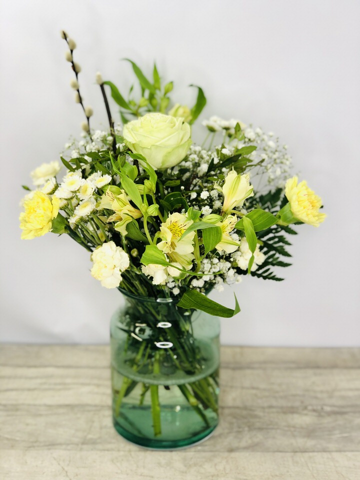 <h2>Vase of Fresh Flowers - New Baby Flowers</h2>
<p>These beautiful yellow and white flowers hand-arranged by our professional florists into an eco-friendly glass vase are a delightful choice from our new baby collection. This vase contains lots of classic favourites and it would make the perfect gift to celebrate a new baby. </p>
<h2>Flower Delivery Coverage</h2>
<p>Our shop delivers flowers to the following Liverpool postcodes L1 L2 L3 L4 L5 L6 L7 L8 L11 L12 L13 L14 L15 L16 L17 L18 L19 L24 L25 L26 L27 L36 L70 If your order is for an area outside of these we can organise delivery for you through our network of florists. We will ask them to make as close as possible to the image but because of the difference in stock and sundry items, it may not be exact.</p>
<h2>Vase of Flowers | Flowers in a Vase</h2>
<p></p>
<p>The advantage of having an arrangement made this way is that they are artfully arranged by our florists into the vase so that they stay in the display.</p>
<p>Being delivered in a vase and in water means the recipient does not need to arrange the flowers themselves, they can just put them down and enjoy.</p>
<p>Includes 1 Green Tinted Vase, 1 Green/White Rose, 2 Yellow Alstro, 2 Stallion, 2 Yellow Carnations, 2 Cream spray carnations, 1 Gypsy Grass, and Pussy Willow with mixed seasonal foliage.</p>
<h2>Eco-Friendly Liverpool Florists</h2>
<p>As florists we feel very close earth and want to protect it. Plastic waste is a huge problem in the florist industry so we made the decision to make our packaging eco-friendly.</p>
<p>To achieve this, we worked with our packaging supplier to remove the lamination off our boxes and wrap the tops in an Eco Flowerwrap, which means it easily compostable or can be fully recycled.</p>
<p>Once you've finished enjoying your flowers from us, they will go back into growing more flowers! Only a small amount of plastic is used as a water bubble and this is biodegradable.</p>
<p>Even the sachet of flower food included with your bouquet is compostable.</p>
<p>All our bouquets have small wooden ladybird hidden amongst them, so do not forget to spot the ladybird and post a picture on our social media pages to enter our rolling competition.</p>
<h2>Flowers Guaranteed for 7 Days</h2>
<p>Our 7-day freshness guarantee should give you confidence that we will only send out good quality flowers.</p>
<p>Leave it in our hands we will create a marvellous bouquet which will not only look good on arrival but will continue to delight as the flowers bloom.</p>
<h2>Liverpool Flower Delivery</h2>
<p>We are open 7 days a week and offer advanced booking flower delivery, same-day flower delivery, 3-hour flower delivery. Guaranteed AM PM or Evening Flower Delivery and also offer Sunday Flower Delivery.</p>
<p>Our florists deliver in Liverpool and can provide flowers for you in Liverpool, Merseyside. And through our network of florists can organise flower deliveries for you nationwide.</p>
<h2>The Best Florist in Liverpool, your local Liverpool Flower Shop</h2>
<p>Come to Booker Flowers and Gifts Liverpool for your beautiful flowers and plants. For that bit of extra luxury, we also offer a lovely range of finishing touches, such as wines, champagne, locally crafted Gin and Rum, vases, Scented Candles and Chocolates that can be delivered with your flowers.</p>
<p>To see the full range, see our extras section.</p>
<p>You can trust Booker Flowers and Gifts of delivery the very best for you.</p>
<p><em>5 Star review on Yell.com</em></p>
<p><em>Thank you Gemma for your fabulous service. The flowers are of the highest quality and delivered with a warm smile. My sister was delighted. Ordering was simple and the communications were top-notch. I will definitely use your services again.</em></p>